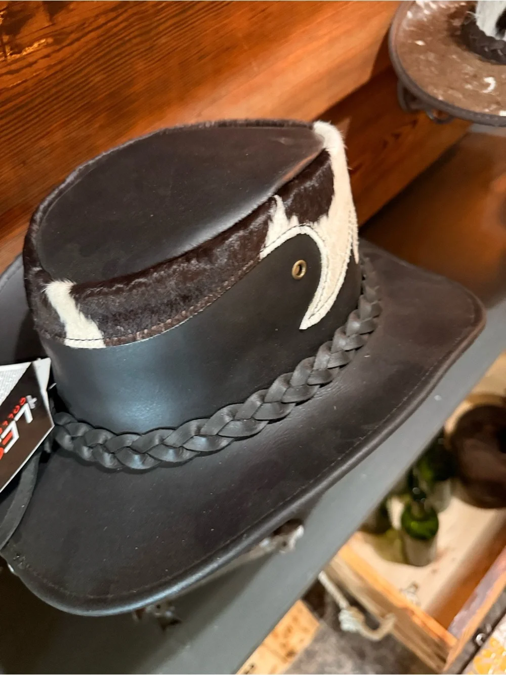 Medium & Black Leather Western Hat with Brown and Cream Hair-On Hide Trim